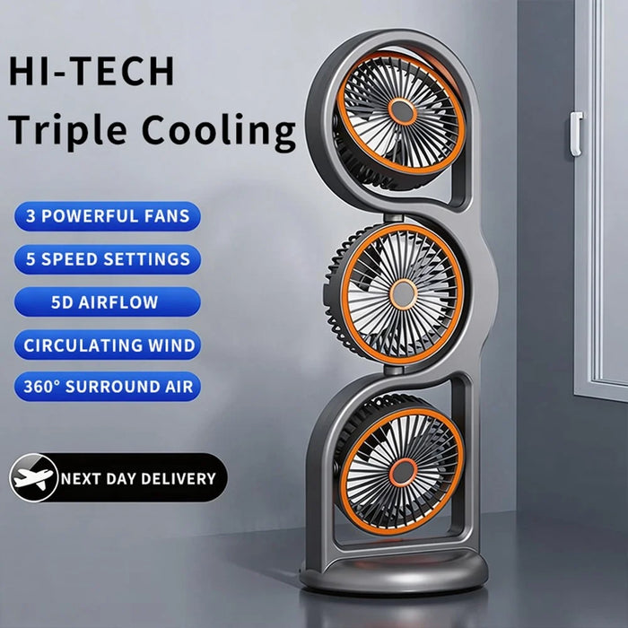 F17 3-Head Desktop Fan 5 Speeds Adjustable 360 Degree Oscillating Circulation Fan with LED Light - Grey - 4