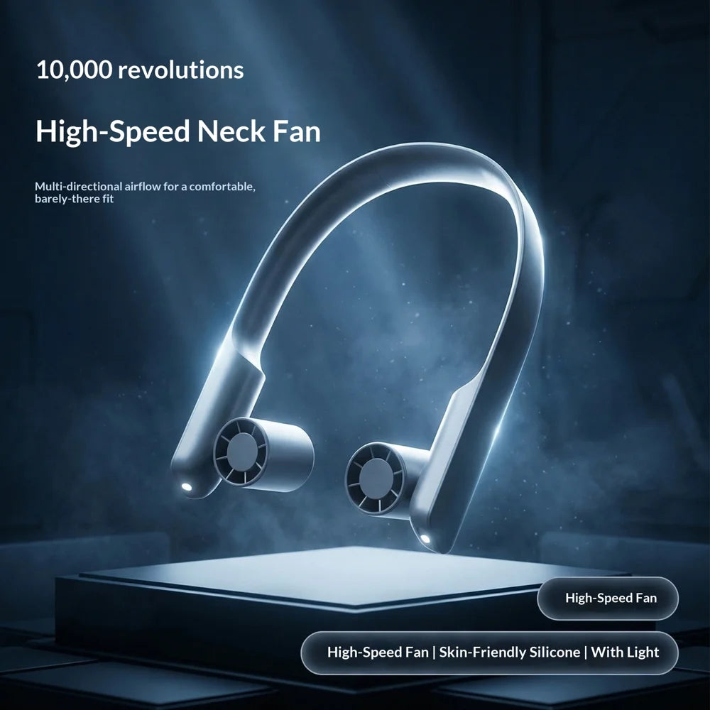 S17 Neck Fan 10000RPM Bladeless Portable Fan 355 Degree Rotating with LED Light for Outdoor Sports - Black - 2