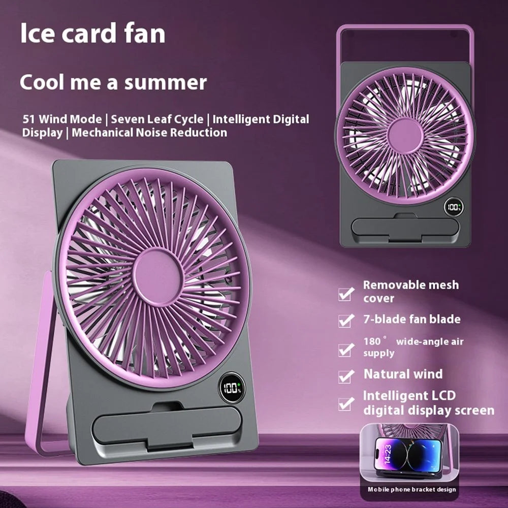 KP-11 LED Display Ultra Slim Desktop Fan 5-Speed Adjustable 1800mAh USB Rechargeable with Phone Stand - Purple - 2