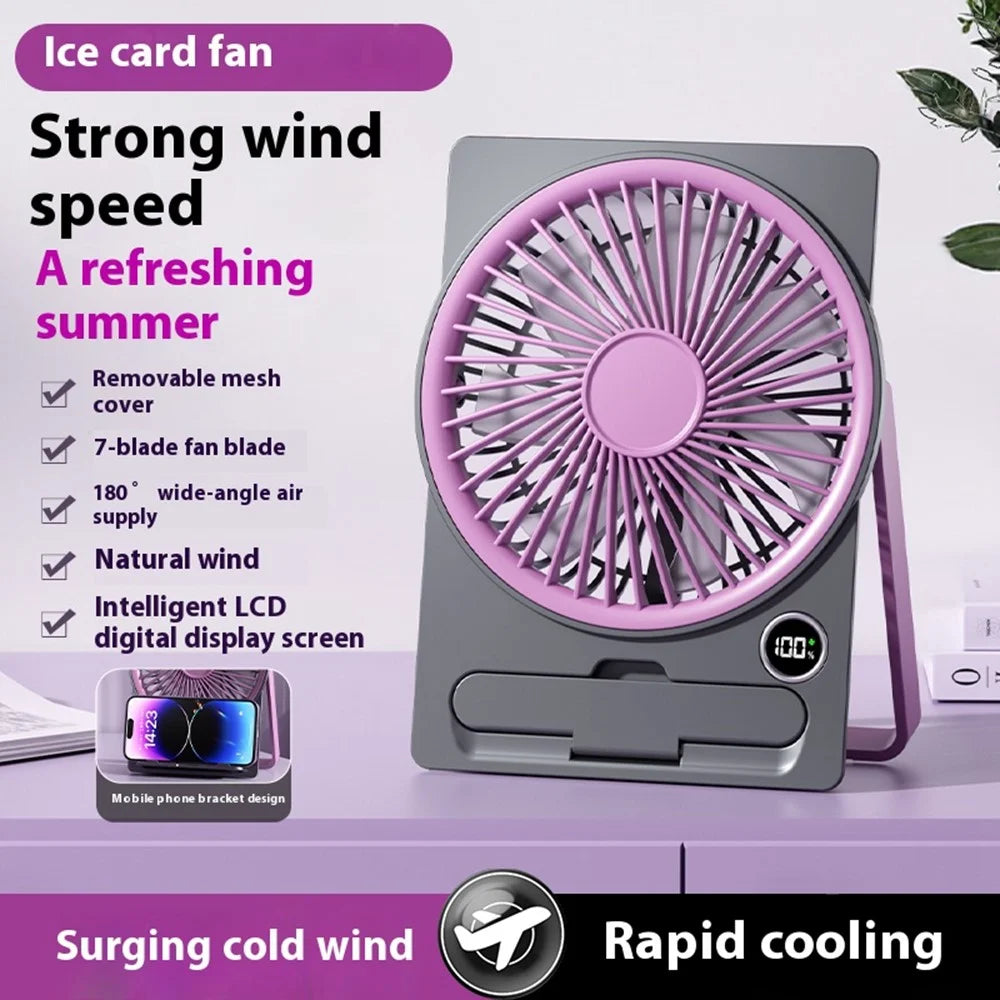 KP-11 LED Display Ultra Slim Desktop Fan 5-Speed Adjustable 1800mAh USB Rechargeable with Phone Stand - Purple - 3