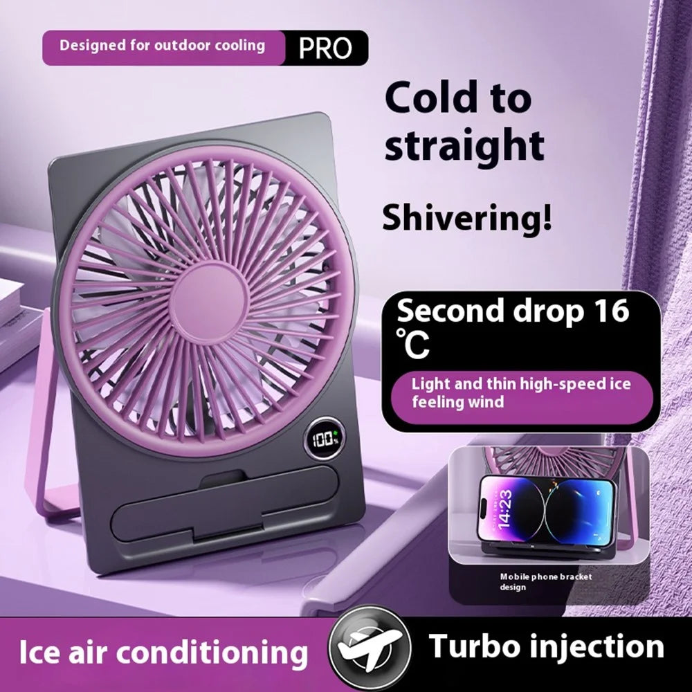 KP-11 LED Display Ultra Slim Desktop Fan 5-Speed Adjustable 1800mAh USB Rechargeable with Phone Stand - Purple - 4
