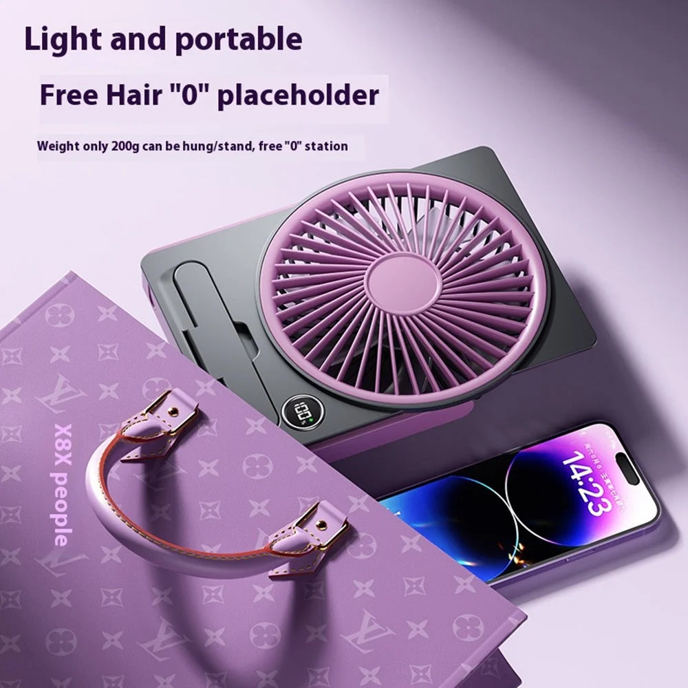 KP-11 LED Display Ultra Slim Desktop Fan 5-Speed Adjustable 1800mAh USB Rechargeable with Phone Stand - Purple - 5