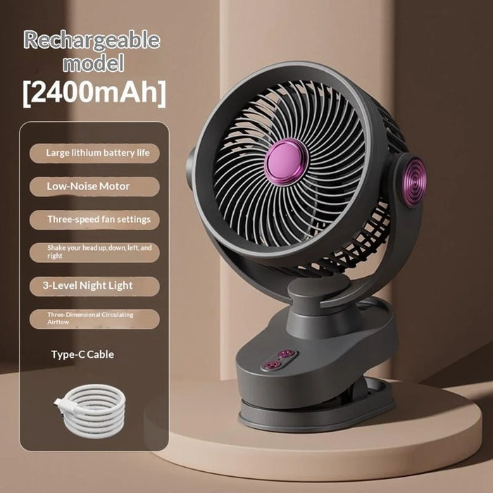 FS-001 USB Rechargeable Clip-On Oscillating Fan 3-Speed Adjustable with LED Light - Grey - 2
