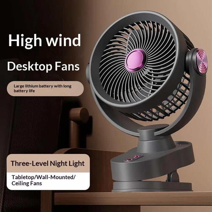 FS-001 USB Rechargeable Clip-On Oscillating Fan 3-Speed Adjustable with LED Light - Grey - 4