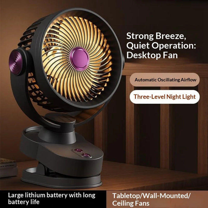 FS-001 USB Rechargeable Clip-On Oscillating Fan 3-Speed Adjustable with LED Light - Grey - 5
