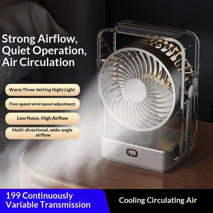 FA12 Desktop Circulating Fan 199-Speed Stepless Digital Display Night Light Rechargeable Cooling Fan - Transparent Black - 3