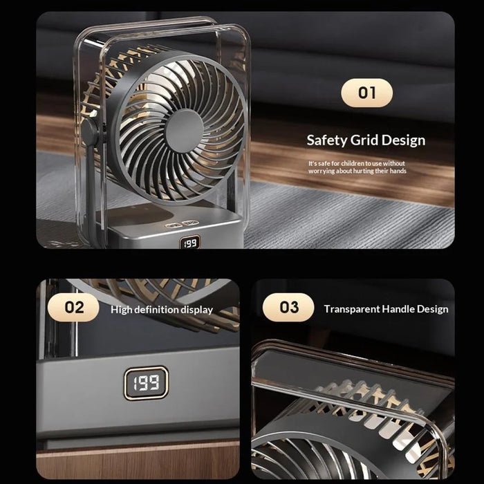 FA12 Desktop Circulating Fan 199-Speed Stepless Digital Display Night Light Rechargeable Cooling Fan - Transparent Black - 7