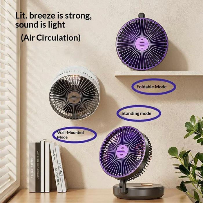 Foldable Wall-Mounted Fan 1200mAh USB-C Rechargeable 5-Speed Circulating Air Fan with Night Light - Grey - 3
