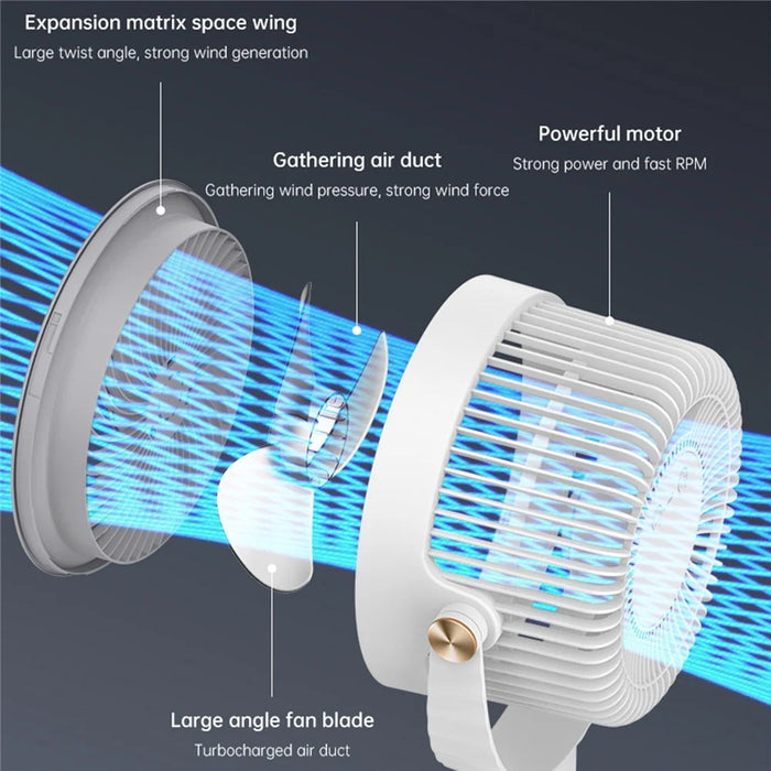 F900 5-Speed USB Desk Fan 4000mAh Rechargeable 360 Degree Rotation Telescopic Floor Fan with Night Light - White+Black - 5