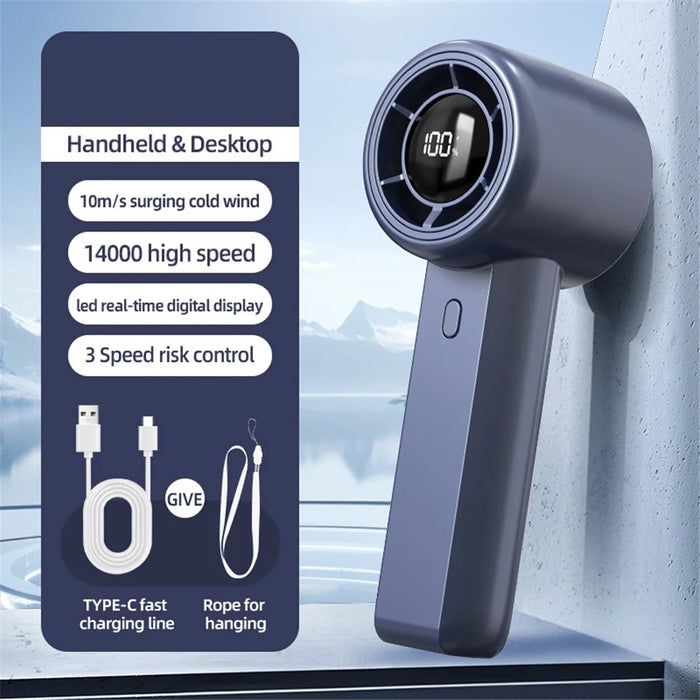 G1 Handheld Fan 14000RPM 3-Speed LED Digital Display 2000mAh Portable Mini USB-C Desk Fan - Blue - 2