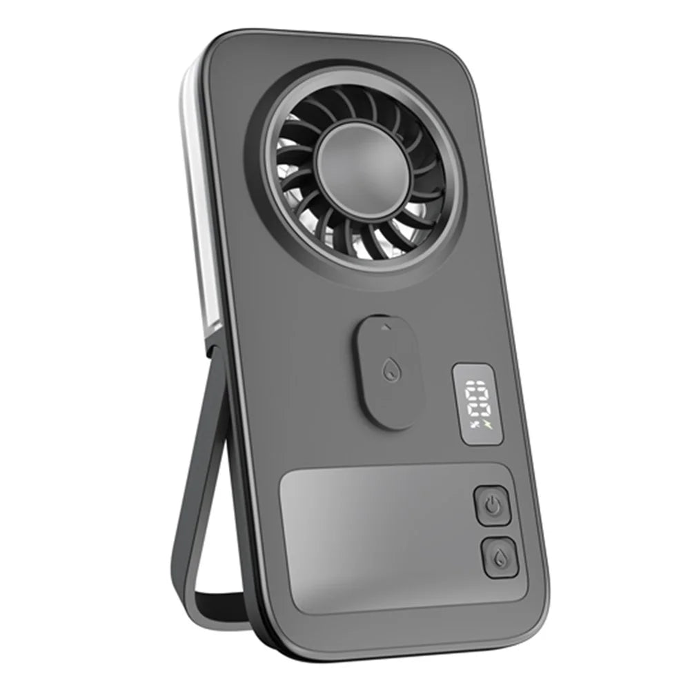 P1 Ultra-Thin Handheld Misting Fan with 2000mAh Battery Digital Display and Foldable Stand Cooling Fan for Outdoor - Black - 1