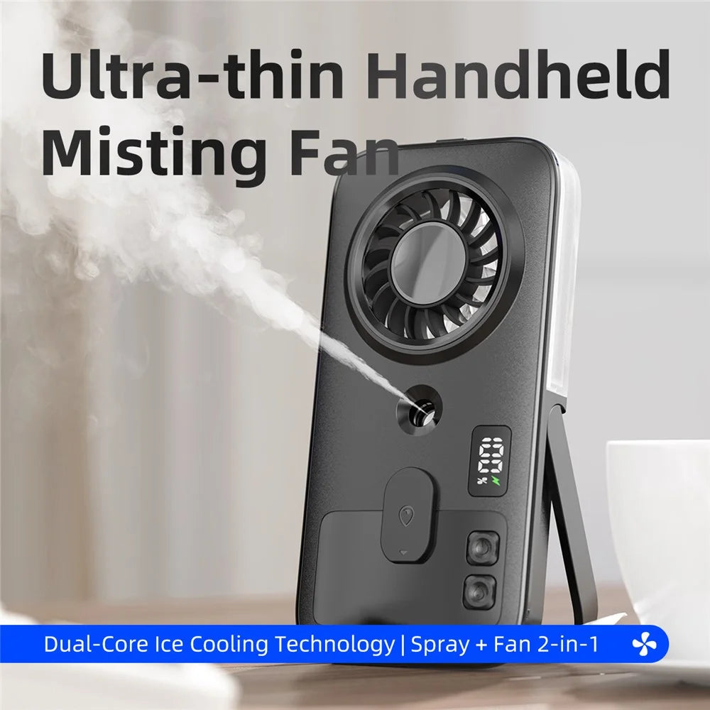 P1 Ultra-Thin Handheld Misting Fan with 2000mAh Battery Digital Display and Foldable Stand Cooling Fan for Outdoor - Black - 2