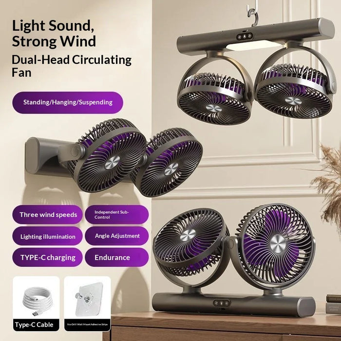 FS-39 Dual Head Oscillating Fan with Light USB Rechargeable 360 Degree Air Circulator for Desk Wall Mount - Gray - 2