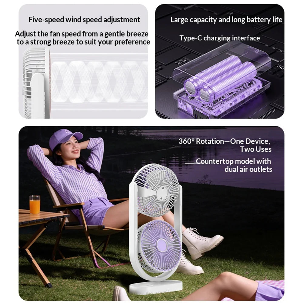 USB-C Rechargeable Dual-Head Desk Fan 360 Degree Rotation 5 Speeds for Camping Outdoor - White - 2