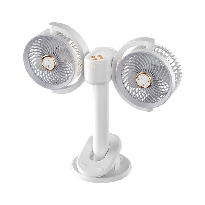 Y-6 Dual Head Clip-on Circulating Fan USB-C 4-Speed Desk Fan with Timer LED Light - White - 1