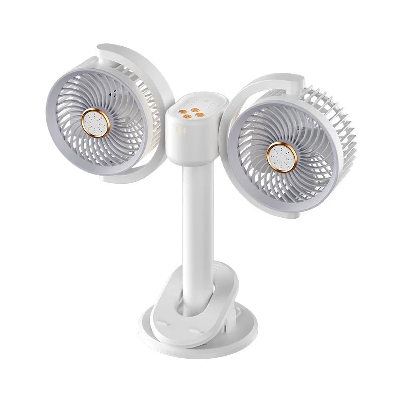 Y-6 Dual Head Clip-on Circulating Fan USB-C 4-Speed Desk Fan with Timer LED Light - White - 1