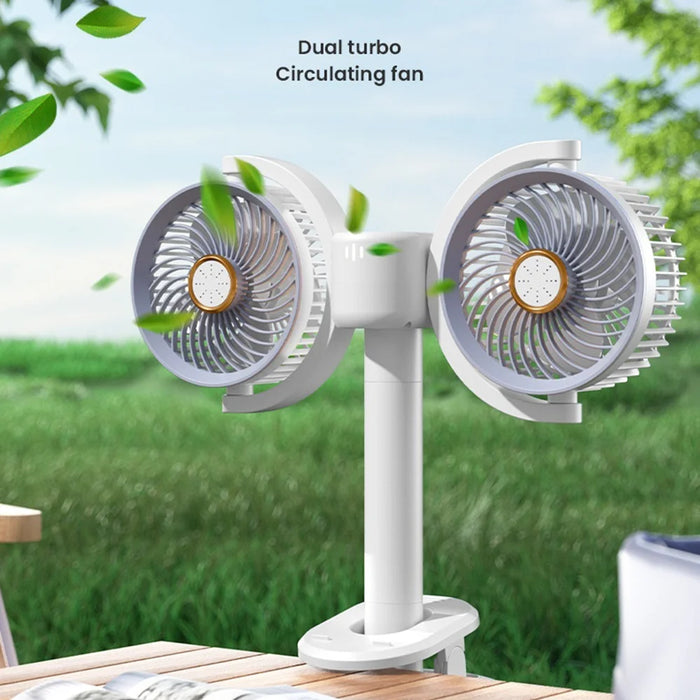 Y-6 Dual Head Clip-on Circulating Fan USB-C 4-Speed Desk Fan with Timer LED Light - White - 2