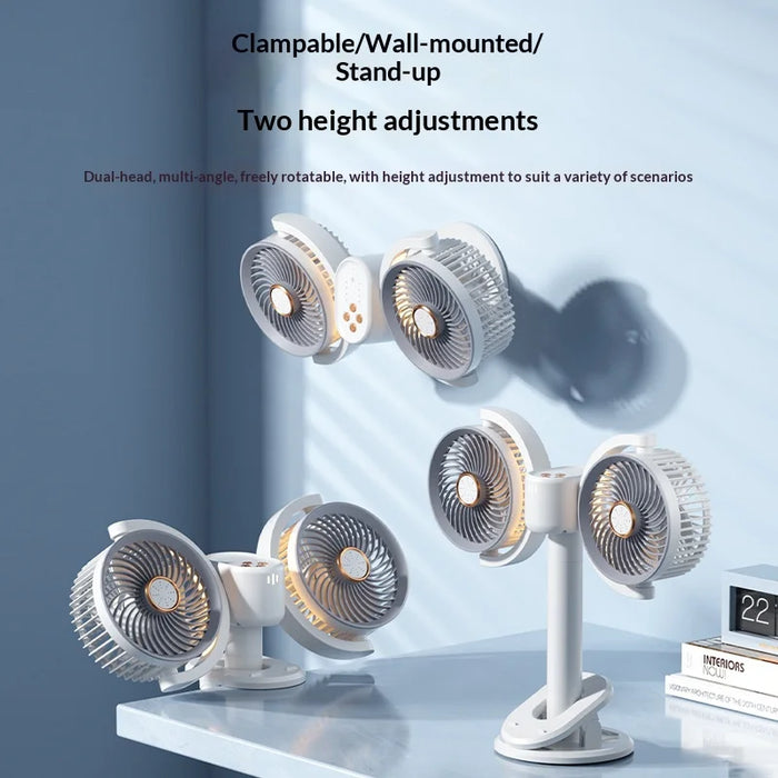 Y-6 Dual Head Clip-on Circulating Fan USB-C 4-Speed Desk Fan with Timer LED Light - White - 3