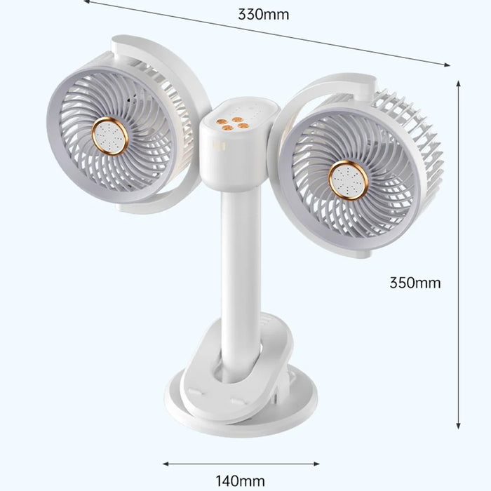 Y-6 Dual Head Clip-on Circulating Fan USB-C 4-Speed Desk Fan with Timer LED Light - White - 7