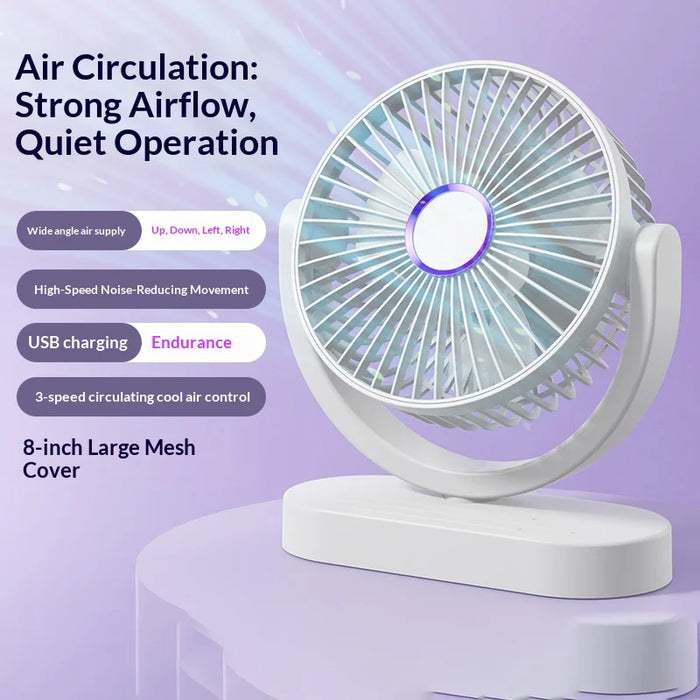 USB Desktop Fan Rechargeable Low Noise 360 Degree Rotation 3-Speed for Home Office Dorm - White - 2