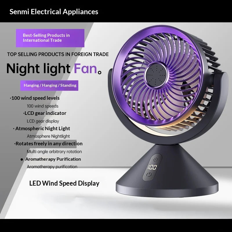 Y-7 LED Digital Display Circulating Fan 100-Speed USB-C Rechargeable with Night Light - Gray Purple - 2