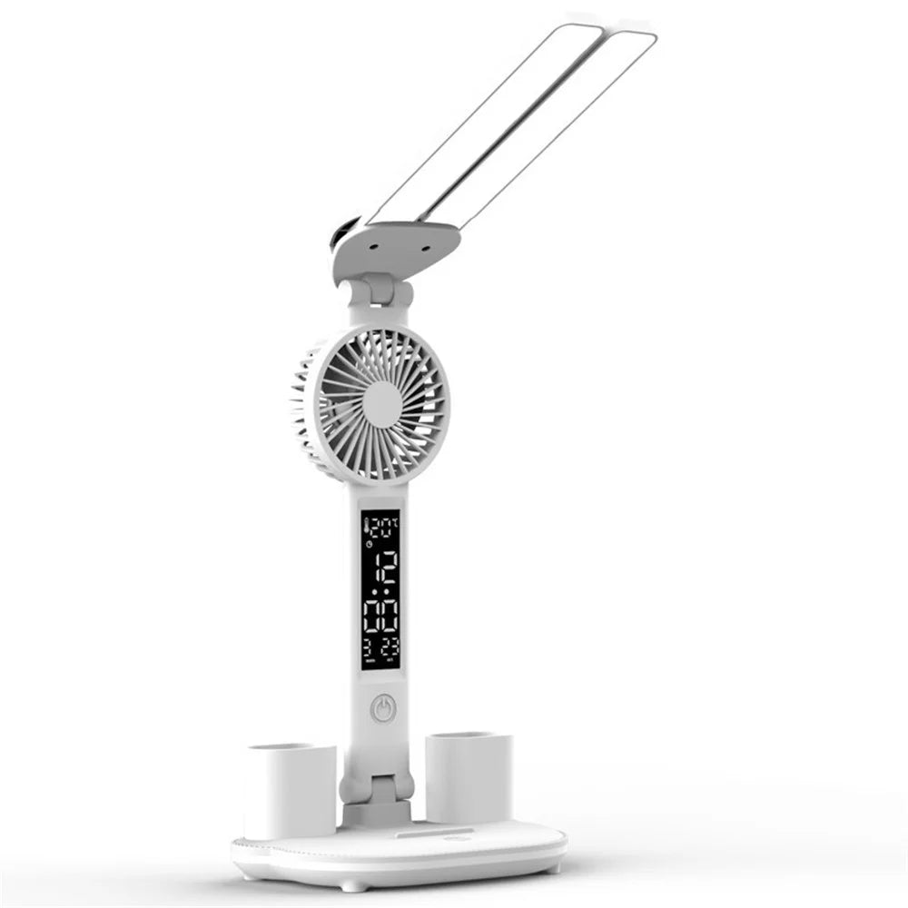 Built-in 2000mAh Battery Table LED Light Rechargeable Clock Function Pen Holder Reading Lamp Fan (with USB Cable) - 1