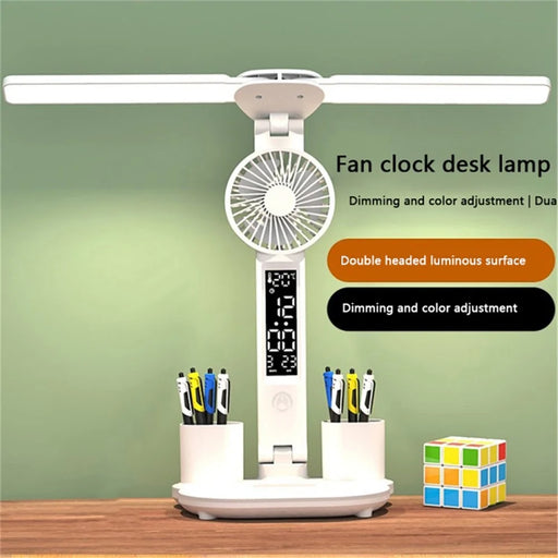 Built-in 2000mAh Battery Table LED Light Rechargeable Clock Function Pen Holder Reading Lamp Fan (with USB Cable) - 2