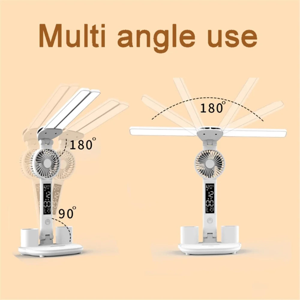 Built-in 3200mAh Battery Rechargeable Fan LED Desk Lamp with Clock Function and Pen Holder for Home, Office (with USB Cable) - 5