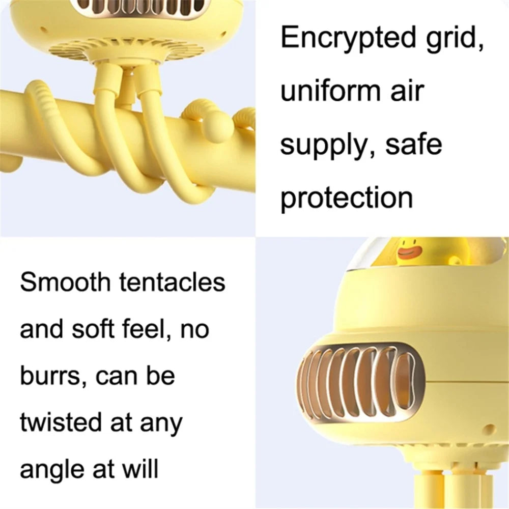 Cartoon Octopus Flexible Tripod Baby Stroller Fan Night Light Summer Fan Cooler, 4000mAh Battery - Yellow - 7