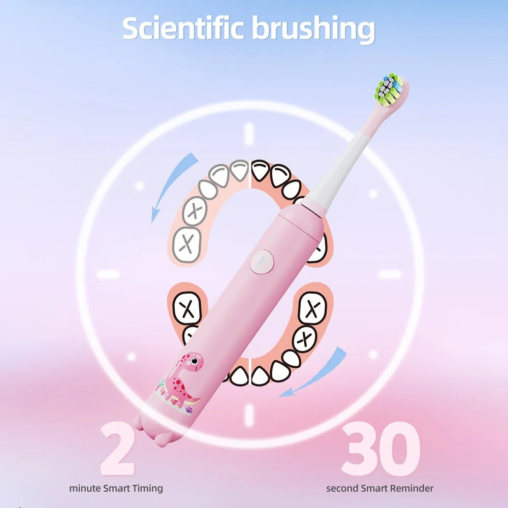K5 Children Sonic Electric Toothbrush with 4 Replacement Brush Heads and 3 Modes - Pink - 4