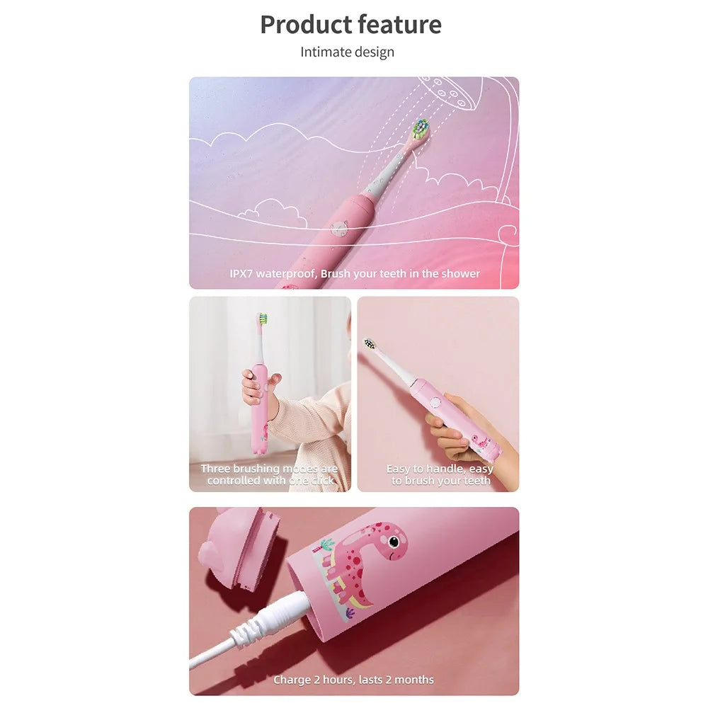 K5 Children Sonic Electric Toothbrush with 4 Replacement Brush Heads and 3 Modes - Pink - 5