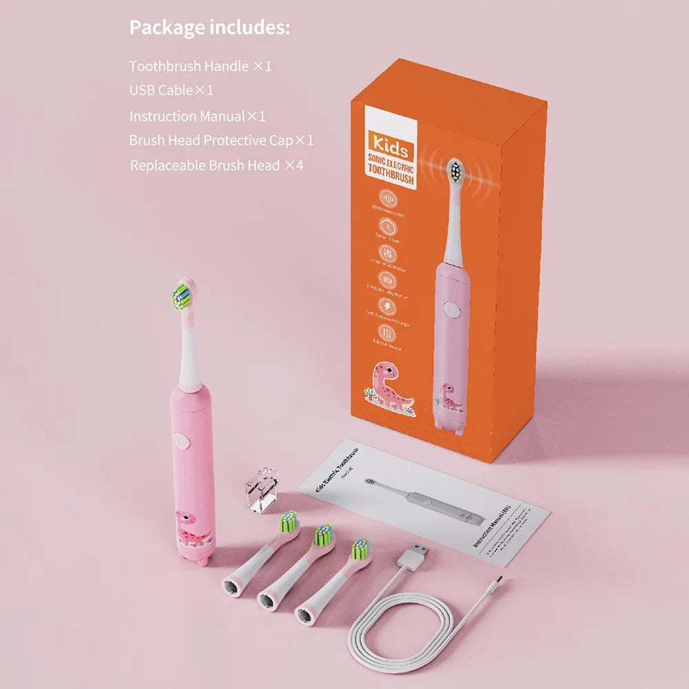 K5 Children Sonic Electric Toothbrush with 4 Replacement Brush Heads and 3 Modes - Pink - 6