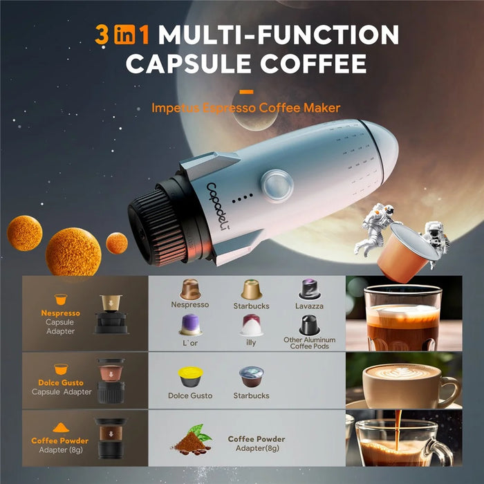 3 in 1 Capsule Espresso Machine Portable Coffee Maker Rocket Shaped Wireless Heated - Silver - 3