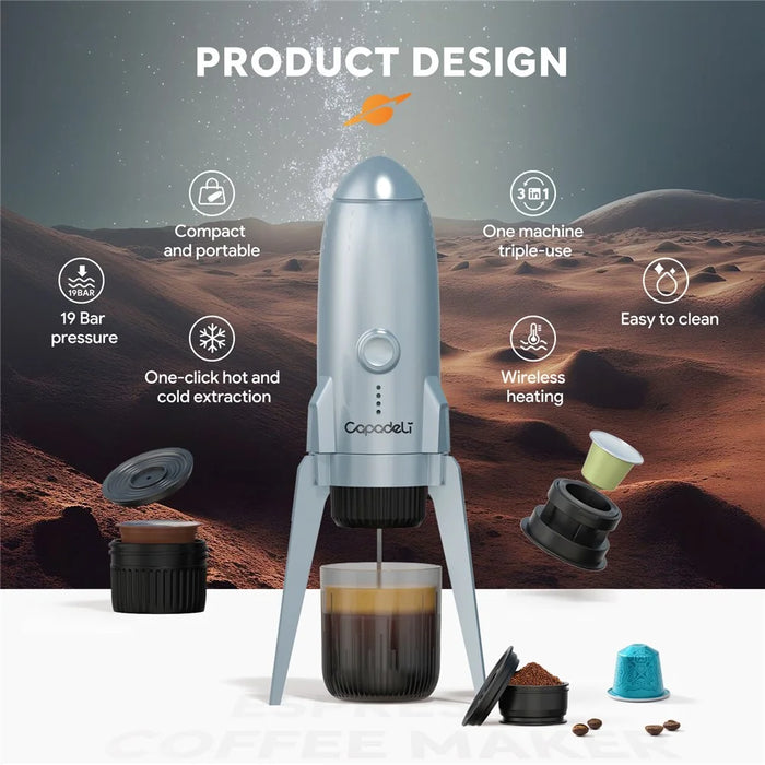 3 in 1 Capsule Espresso Machine Portable Coffee Maker Rocket Shaped Wireless Heated - Silver - 4