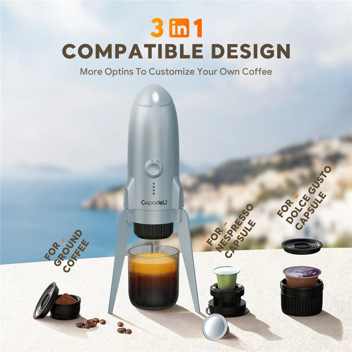 3 in 1 Capsule Espresso Machine Portable Coffee Maker Rocket Shaped Wireless Heated - Silver - 5