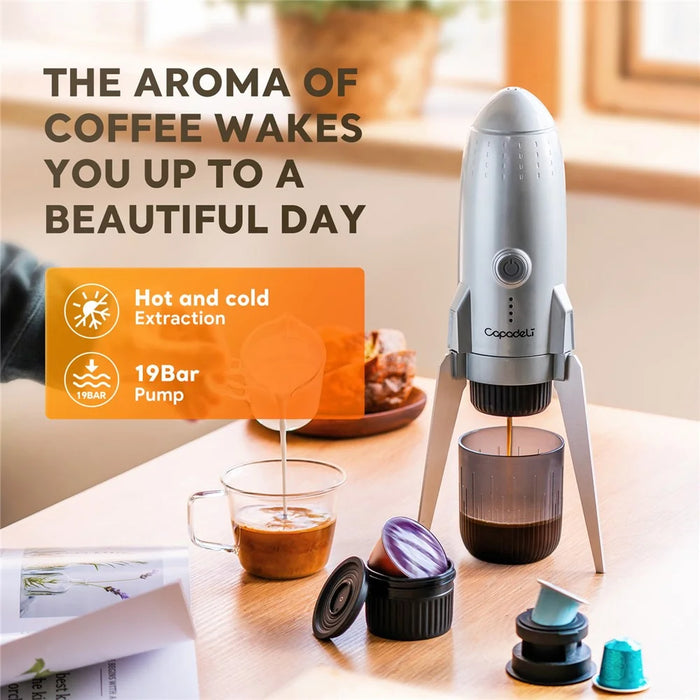 3 in 1 Capsule Espresso Machine Portable Coffee Maker Rocket Shaped Wireless Heated - Silver - 6