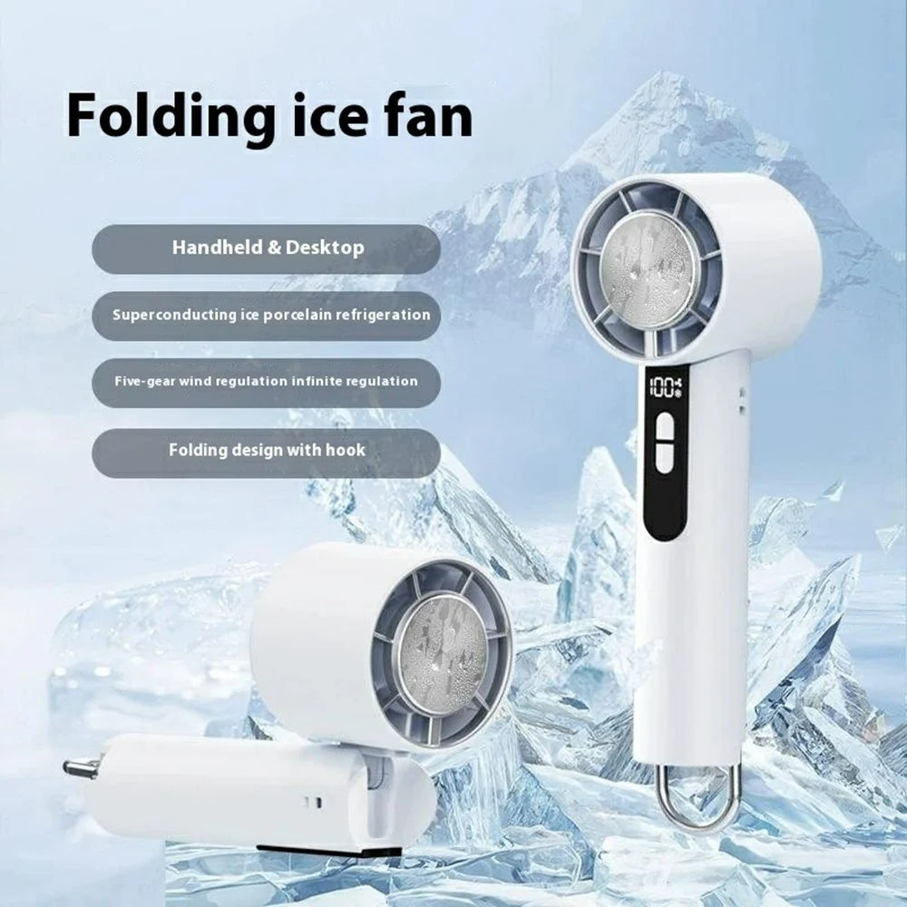 Y58 Semiconductor Ice Cooling Handheld Fan Digital Display Stepless Adjustable Foldable Turbo Fan - White - 2