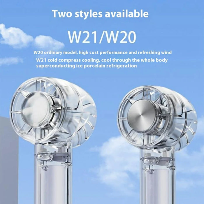 W21 Portable Handheld Fan 3 Speeds Transparent High Speed Turbo Fan with Cold Compress Function - Transparent White - 3