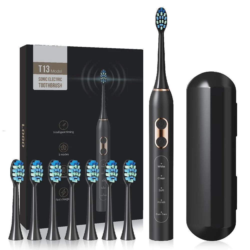 T13 IPX7 Waterproof Soft Bristles Rechargeable Sonic Electric Toothbrush for Adults with 8 Brush Heads - Black - 1