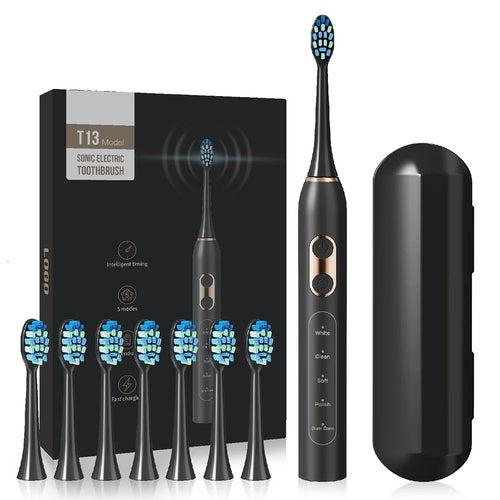 T13 IPX7 Waterproof Soft Bristles Rechargeable Sonic Electric Toothbrush for Adults with 8 Brush Heads - Black - 1