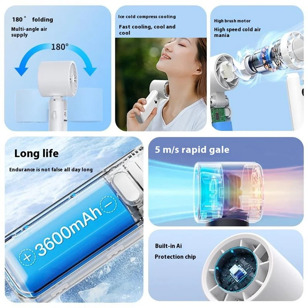 WT21 Handheld Turbo Fan with Ice 100 Speeds Rechargeable Digital Display Foldable Cooling Ice Fan - White - 4