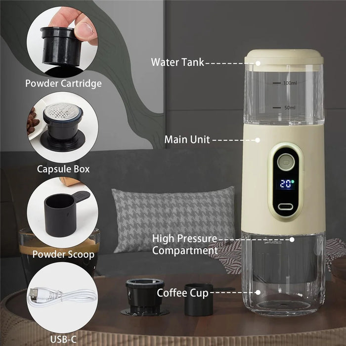Portable Wireless Espresso Machine Outdoor Car Home Electric Compact Capsule Coffee Maker (BPA Free, No FDA) - Beige - 4