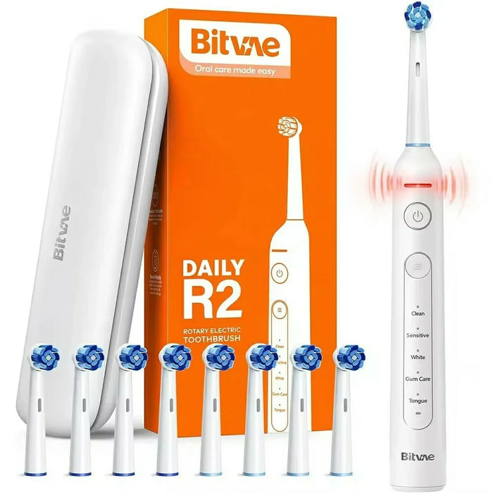 BITVAE R2 Rotating Electric Toothbrush Adults Rechargeable 5 Modes Waterproof Toothbrush with 8 Brush Heads - White - 1