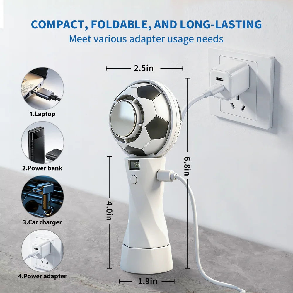 Football Design Handheld Fan LED Digital Display USB Rechargeable Cold Compress Portable Cooling Fan - White - 4