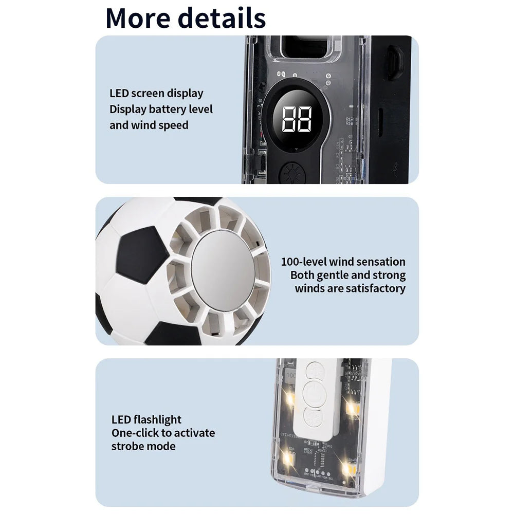 X68 Cold Compress Handheld Fan Soccer Design LED Digital Display 5 Speed Levels Foldable Cooling Fan - Black - 7