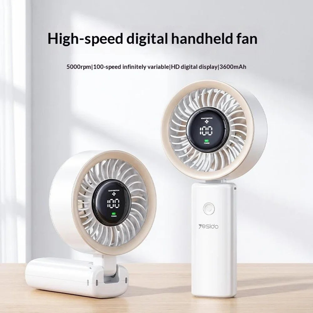 YESIDO YF20 Foldable Handheld Fan with LED Display 3600mAh Rechargeable 100-Speed Control Portable Cooling Fan - White - 4