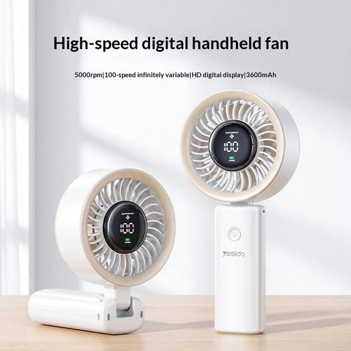 YESIDO YF20 Foldable Handheld Fan with LED Display 3600mAh Rechargeable 100-Speed Control Portable Cooling Fan - White - 4