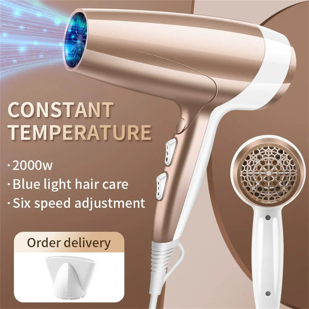 2000W High Power Hair Dryer Blue Light Care Negative Ion Quick Drying Hair Styling Tool, EU Plug - Gold - 2
