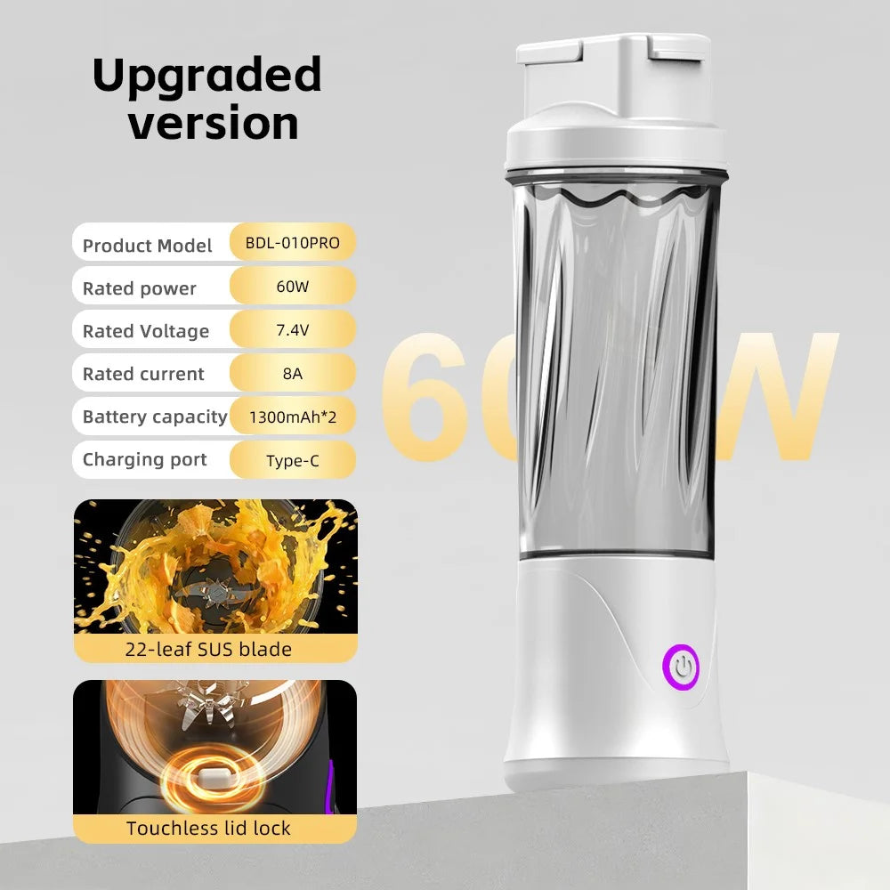 BDL-010pro 7.4V Rechargeable 450ml 22-Blade Juicer Cup 2 in 1 Portable Water Bottle for Fitness (BPA Free, No FDA) - White - 2