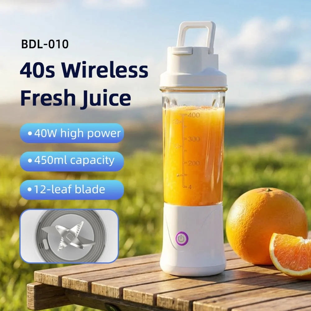 BDL-010pro 7.4V Rechargeable 450ml 22-Blade Juicer Cup 2 in 1 Portable Water Bottle for Fitness (BPA Free, No FDA) - White - 5